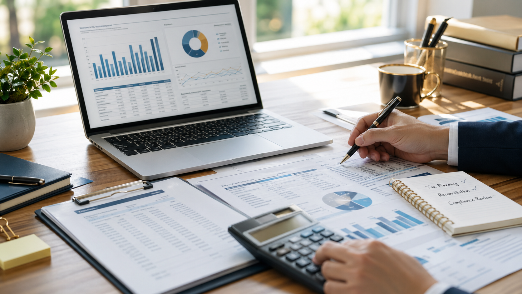 Financial reporting dashboards, bookkeeping records, and reconciliation documents on a modern office desk