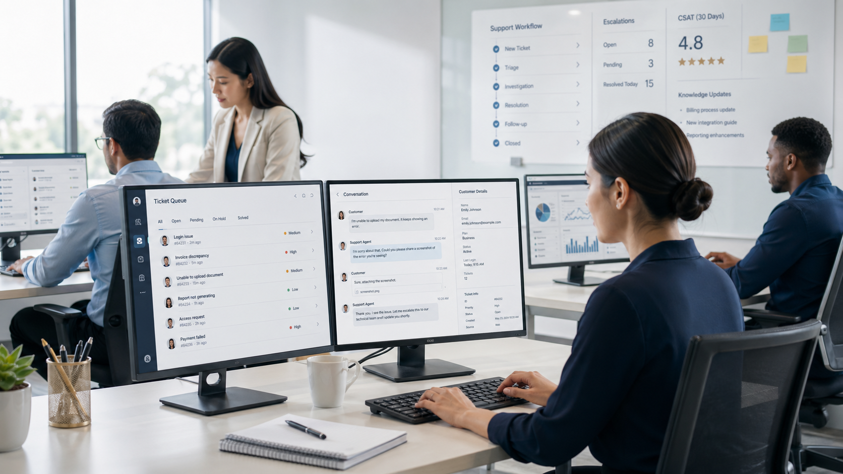 Non-voice customer support and technical support team handling digital workflows in a modern office